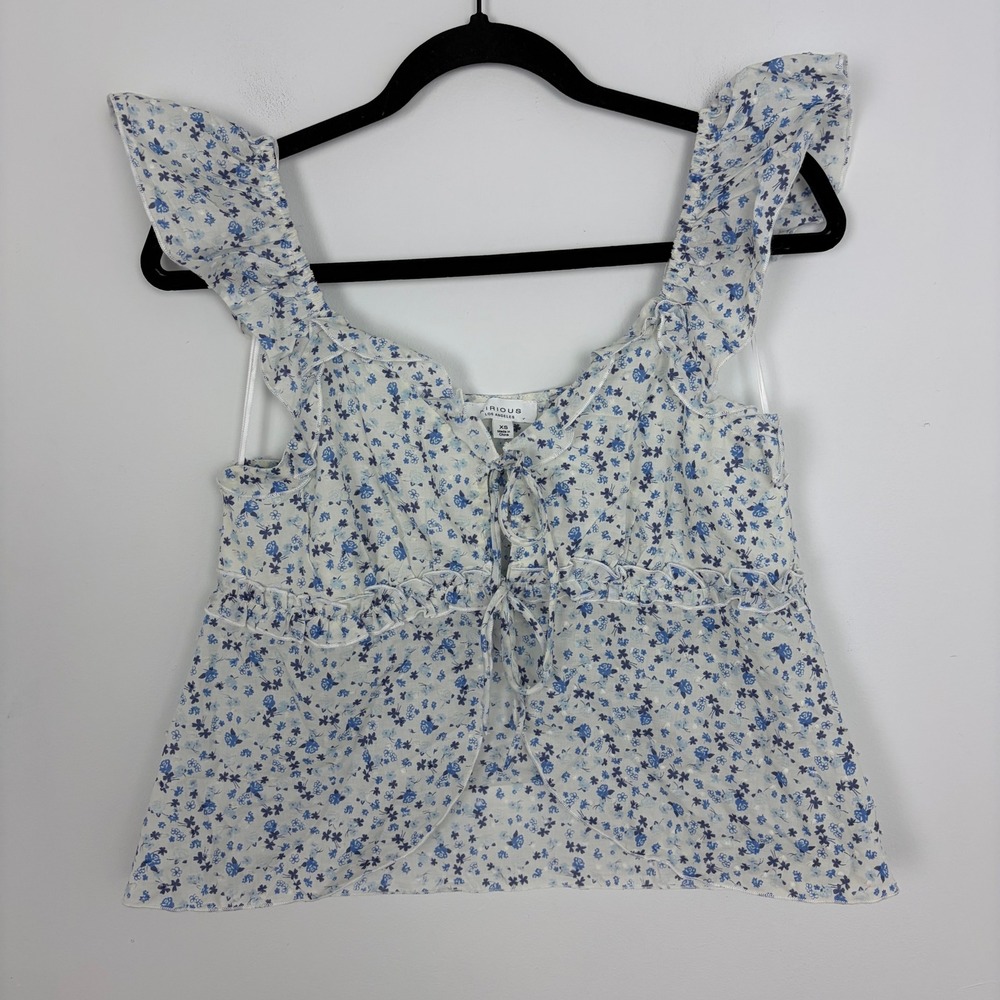 Kirious Floral Tie Front Blouse Sleeveless Swiss Dot Flutter Sleeve Coquette XS